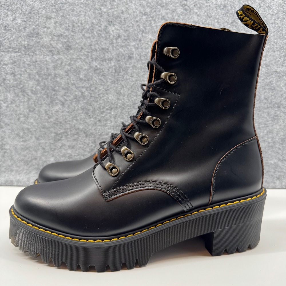 Dr. Martens Leona Platform Boot Womens 11 Black Leather Chunky Heel Lace Up